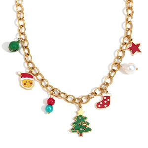 Kerstketting met kerstman, boom en sokbedeltjes op 18K vergulde roestvrijstalen ketting