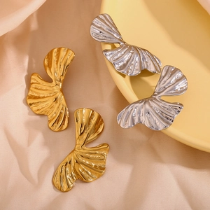 Macro detail of textured gingko leaf earrings in gold and silver plating
