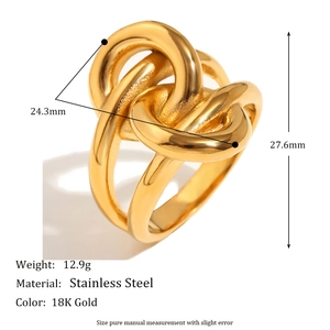 Macro detail of chunky knot ring in 18K gold plated stainless steel with dimension specs