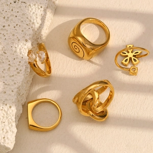 Detailed view of 18K gold plated stainless steel ring set with crystals on beige sand