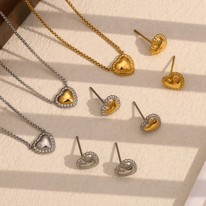 18K gold plated stainless steel heart necklace and earrings set with twisted rope edges