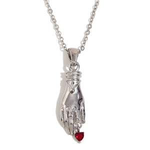 Collier vintage en acier inoxydable avec pendentif main tenant un cristal de cœur rouge