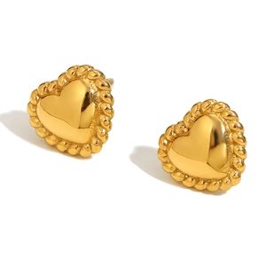 Elegant 18K gold plated heart stud earrings with detailed braided texture border