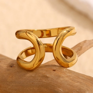 Detailansicht des 18K vergoldeten doppelreihigen C-Form Rings auf einem Holzast
