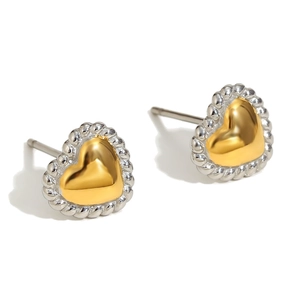 Two-tone heart stud earrings with golden center and silver twisted rope border