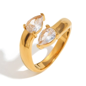 Polished 18K gold-plated stainless steel double-layered ring with two pear-shaped zircons