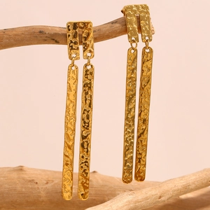 Boucles D'oreilles Pendantes Longue Barre Texture Martelée Acier Inoxydable Plaqué Or Style Français Vintage Bijoux