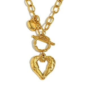 18K gold plated heart pendant necklace with thick link chain and OT toggle clasp