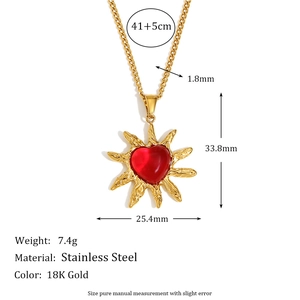 18K gold plated stainless steel sunburst necklace with red heart agate pendant