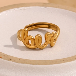 Elegant 18K gold-plated stainless steel open ring featuring a stylish LOVE cursive script