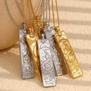 Constellation Pendant Necklace Stainless Steel Gold Plated Rectangular Relief Zodiac Tarot Style For Women