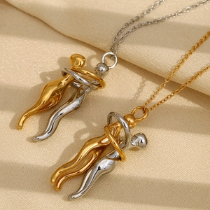 Minimalist lovers hug pendant necklace in dual-tone gold and silver stainless steel