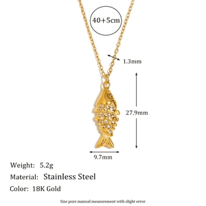 18K gold plated stainless steel fish pendant necklace with sparkling cubic zirconia inlay