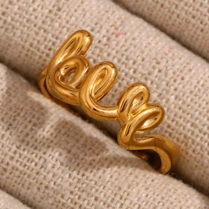 Minimalist 18K gold plated stainless steel open ring with cursive LOVE design