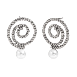 Silver twisted spiral earrings with white pearl pendants in a minimalist design