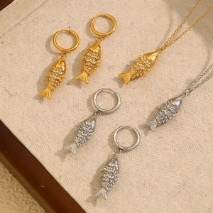 Stainless Steel Pave Rhinestone Koi Fish Pendant Necklace And Hoop Earrings Set Gold Silver Plated Animal Jewelry For Women
