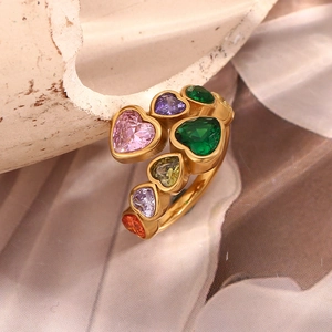18K gold-plated open ring featuring multi-color heart-shaped cubic zirconia crystals
