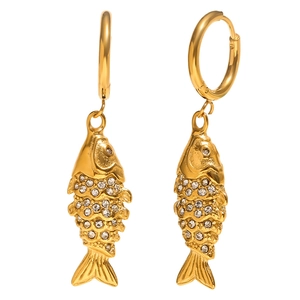 Elegant 18K gold-plated stainless steel koi fish earrings with sparkling crystal accents