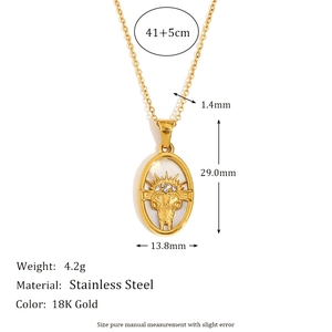 Detailed specs of stainless steel 18K gold sun relief pendant necklace with dimensions