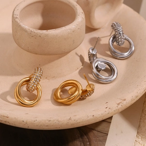 Chic 18K gold and silver plated double-loop stud earrings with cubic zirconia inlay