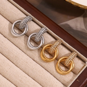 Chic 18K gold and silver plated intertwined double ring earrings with sparkling zircon stones