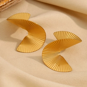 18K gold plated stainless steel spiral fan stud earrings with radial pleat texture