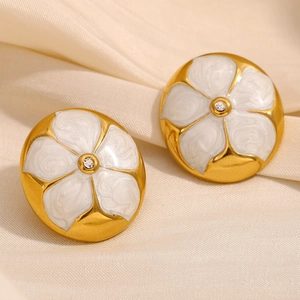 Boucles D'oreilles Puces Fleur Acier Inoxydable Plaqué Or 18K Émail Blanc Avec Cristal Rétro Élégant Bijoux Femmes