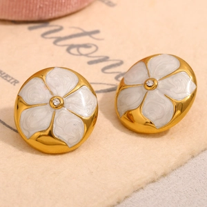 Boucles d'oreilles vintage plaquées or 18 carats avec fleur en émail et cristaux