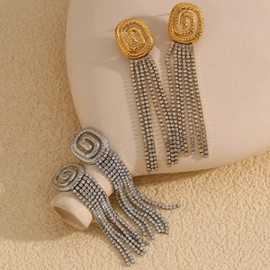 Elegant 18K gold and silver plated tassel earrings with sparkling rhinestones on stone decor