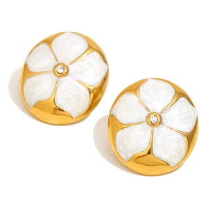Boucles d'oreilles vintage fleurs en acier inoxydable doré 18K et émail blanc marbré