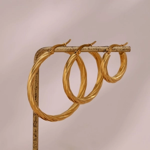 18K gold plated stainless steel twisted croissant hoop earrings in three sizes