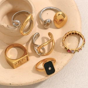 Modern two-tone stainless steel geometric snake and signet rings set for women