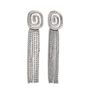 Silver long tassel earrings with spiral textured tops and sparkling crystal fringe