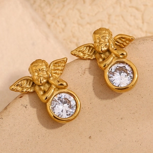 Boucles D'oreilles Puces Ange En Acier Inoxydable Plaqué Or 18K Zircon Rond Mode Française Vintage Pour Femmes