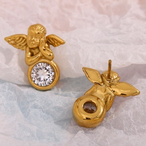 Boucles d'oreilles ange vintage en acier plaqué or 18K avec grands zircons ronds