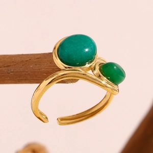 Vintage 18K gold-plated stainless steel open ring with two green emerald stones