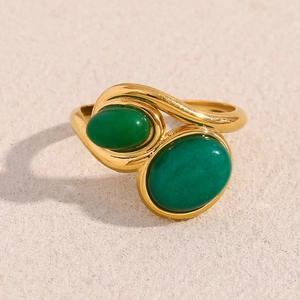 Vintage 18K gold plated stainless steel open ring with two green oval gemstones