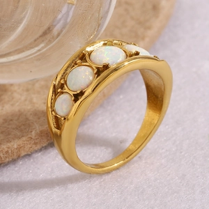 Close-up of 18K gold plated ring featuring multiple round opal stones in prong setting