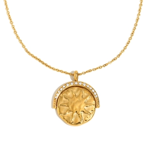 Collier en acier inoxydable plaqué or 18K avec pendentif pièce soleil et zircons