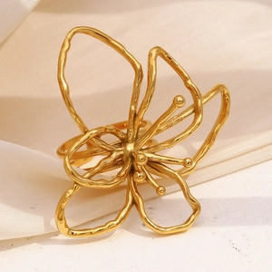 Anello Aperto Fiore In Acciaio Inossidabile Placcato Oro 18K Linea Cava Gioielli Di Moda Artistica Regolabili Per Donna