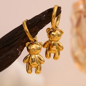 Teddy Bear Hoop Earrings 18K Gold Plated Stainless Steel 3D Animal Pendant Cute Chic Sweet Trendy Jewelry For Women