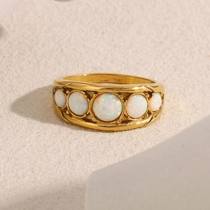 Vintage 18K gold plated stainless steel ring featuring five round opal stones in a row
