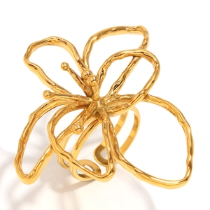Anello aperto moderno in acciaio inossidabile placcato oro 18K con motivo floreale