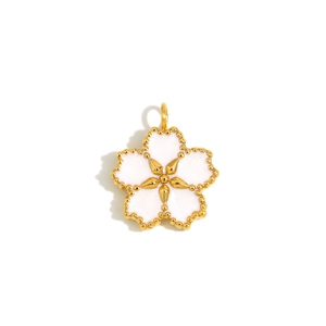 Pendentif fleur en acier plaqué or 18K avec émail blanc et détails de bord perlé
