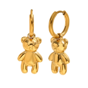 Polished 18K gold-plated stainless steel teddy bear dangle earrings for women