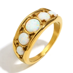 French vintage 18K gold plated stainless steel ring with five white opal stones