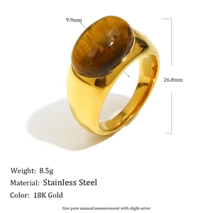 Detalle del anillo de acero inoxidable bañado en oro de 18K con ojo de tigre y medidas