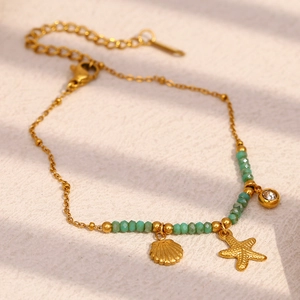 18K gold plated stainless steel starfish bracelet with teal beads and shell charms