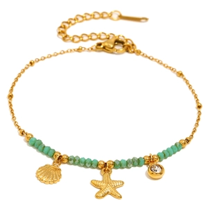 Gold plated stainless steel starfish bracelet with green beads and shell charms