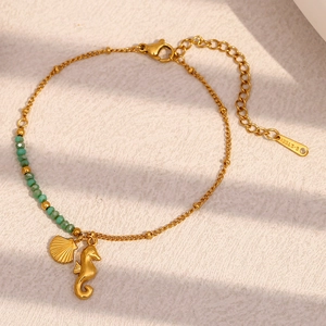 Bracelet À Breloque Hippocampe Coquillage Acier Inoxydable Plaqué Or 18K Perle Verte Plage Vacances Mode Femmes